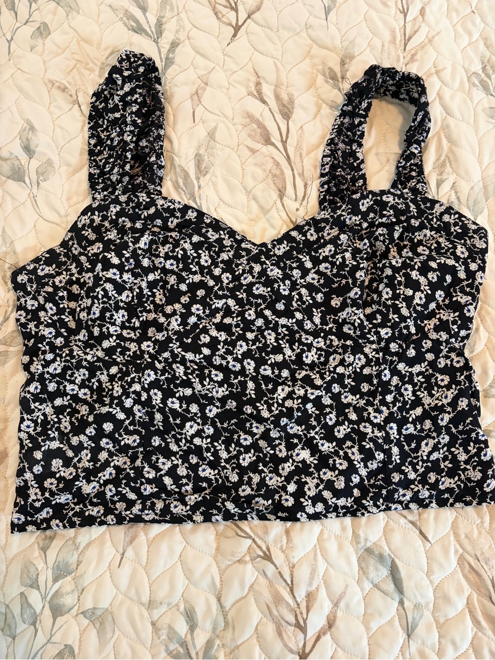 Japna Black Floral Sweetheart Crop Top with White Blooms